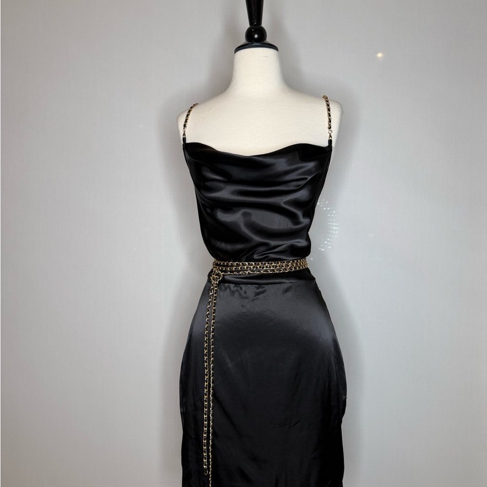 🖤 Black Satin Mini Dress with Chain Detail